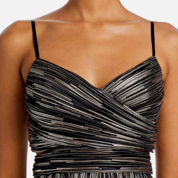 Aidan Mattox Metallic Striped V-Neck A-Line Midi Dress Party Cocktail Dress - Picture 4 of 10